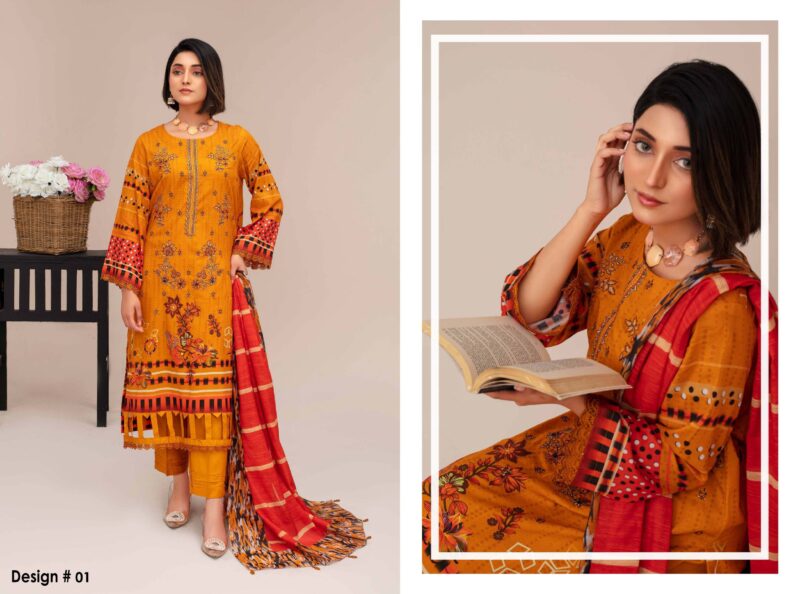 Bin Umar Mustard Embroidered Lawn 3-Piece Suit – Graceful & Chic