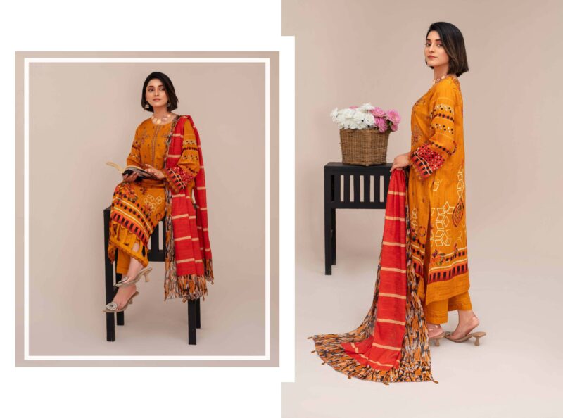 Bin Umar Mustard Embroidered Lawn 3-Piece Suit – Graceful & Chic