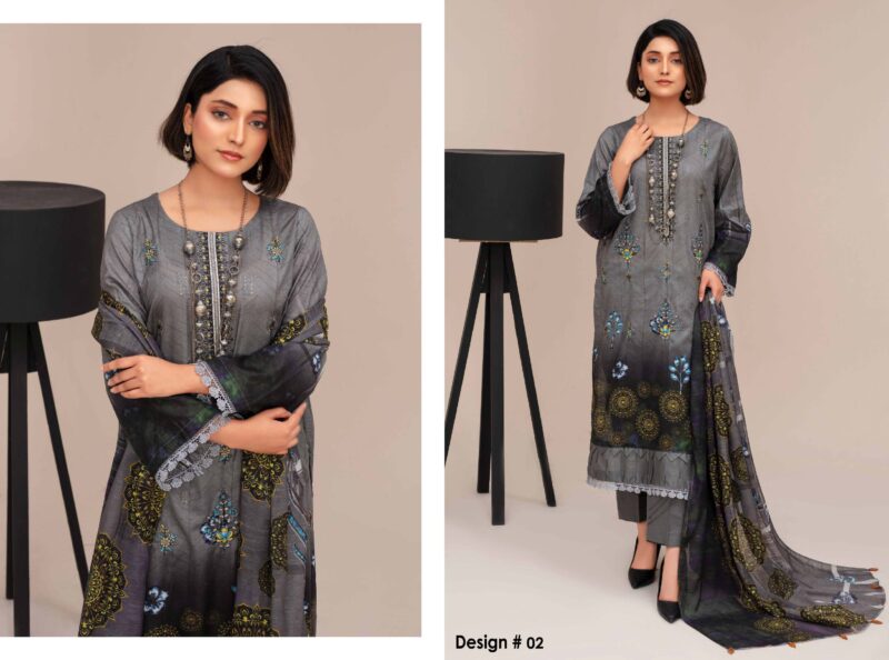 Bin Umar Grey Embroidered Lawn 3-Piece Suit – Elegant & Timeless