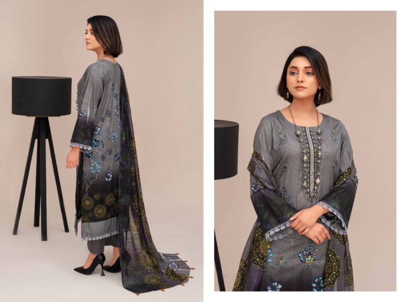 Bin Umar Grey Embroidered Lawn 3-Piece Suit – Elegant & Timeless