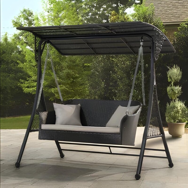 3-Seater Outdoor Swing Chair with Canopy – Black Wicker Design