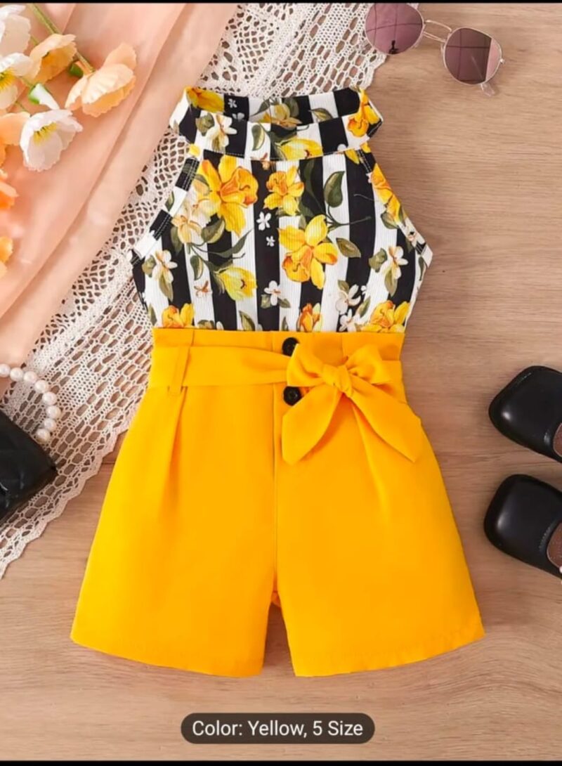 Floral Striped Halter Top & High-Waisted Shorts Set ❤️💛💙