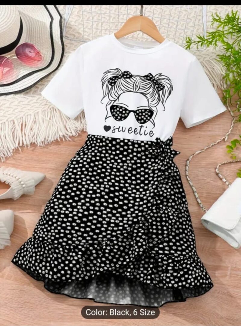 Girls' "Sweetie" Graphic T-Shirt & Floral Wrap Skirt Set 💚🖤