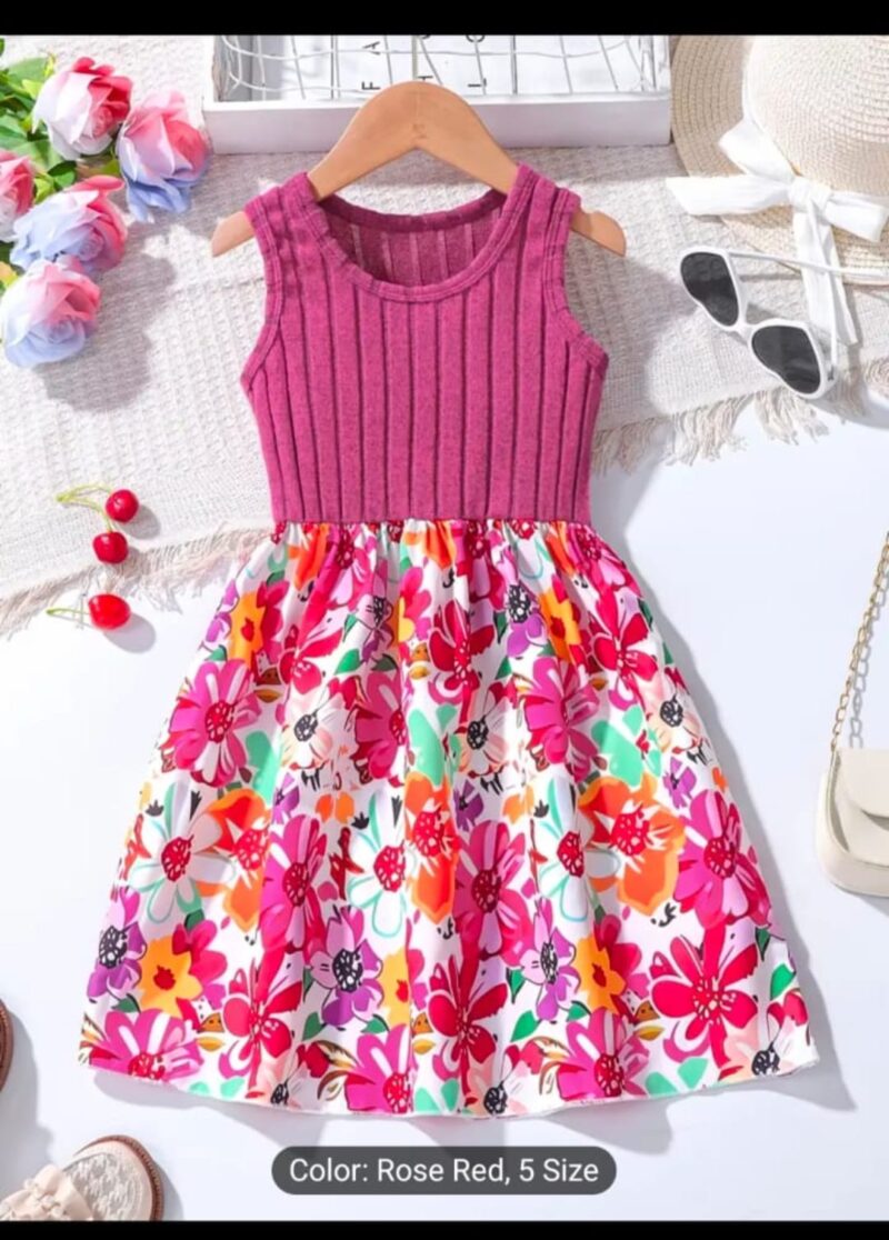 Girls' Sleeveless Floral Dress - Rose Red 🌸