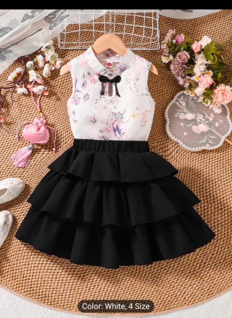 Elegant Girls' Sleeveless Floral & Ruffle Dress 🖤