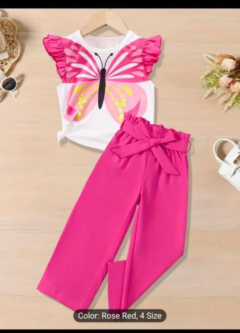 Girls' Butterfly Print Ruffle Top & Bow-Tie Pants Set 🦋